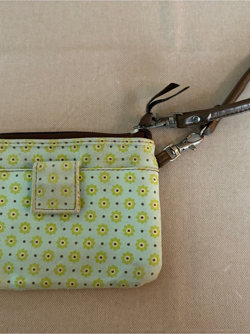 thirty-one Green Floral Wristlet with Brown Strap